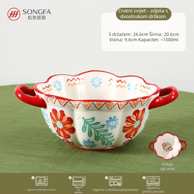 Songfa porcelanska zdjela s dvjema drškama, pod glazurom, ručno oslikana površina, sigurna za mikrovalnu pećnicu