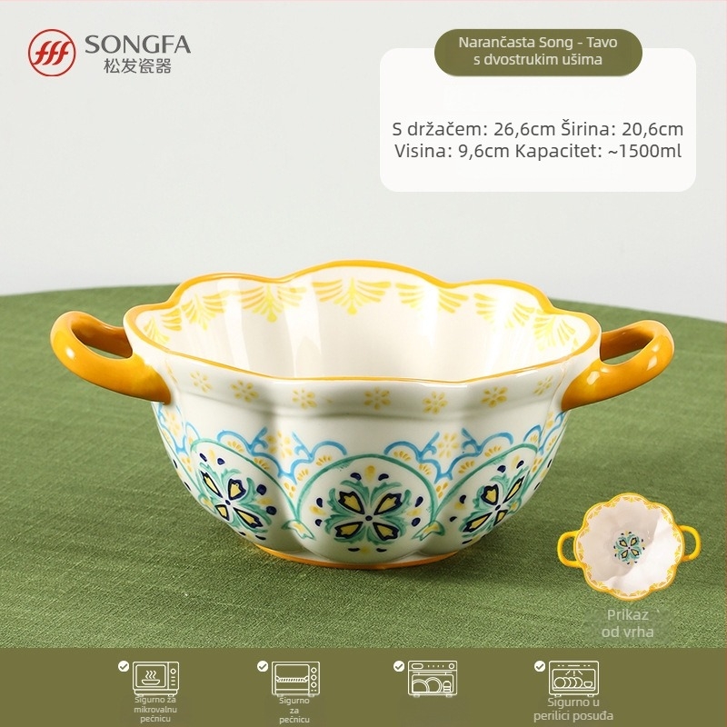 Songfa porcelanska zdjela s dvjema drškama, pod glazurom, ručno oslikana površina, sigurna za mikrovalnu pećnicu