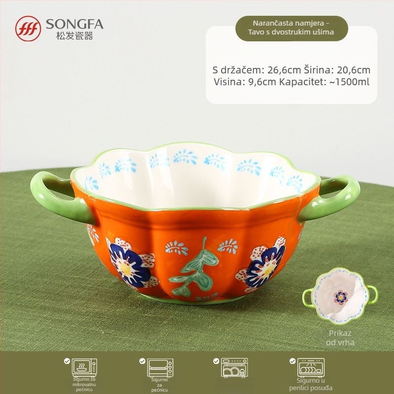 Songfa porcelanska zdjela s dvjema drškama, pod glazurom, ručno oslikana površina, sigurna za mikrovalnu pećnicu
