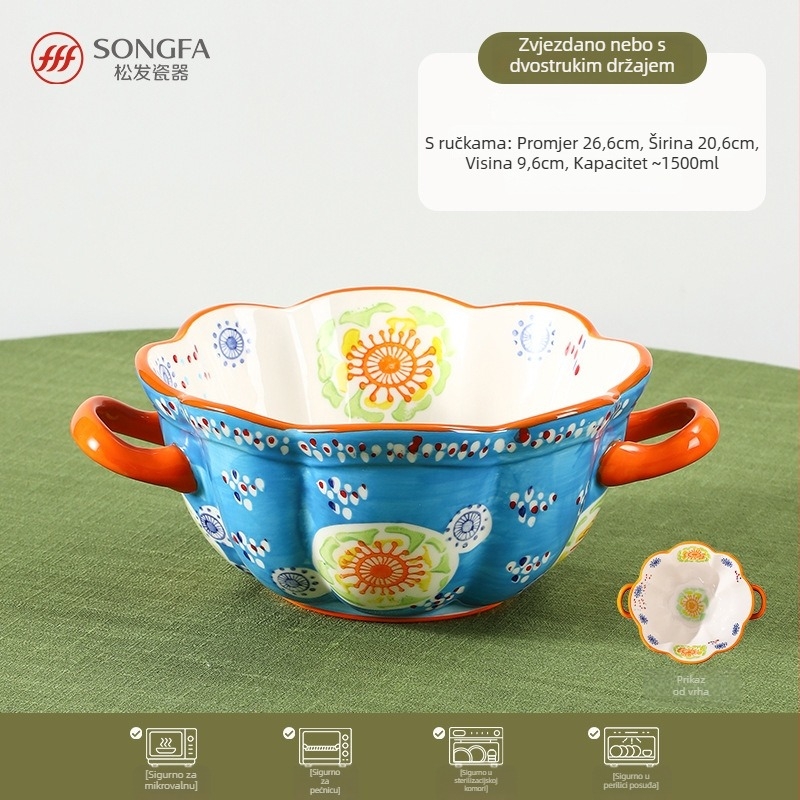 Songfa porcelanska zdjela s dvjema drškama, pod glazurom, ručno oslikana površina, sigurna za mikrovalnu pećnicu