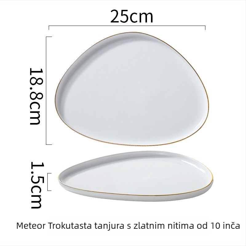 Porcelanski trokutasti tanjur za steak, nordijski stil, zlatni rub, keramički tanjur posebnog oblika
