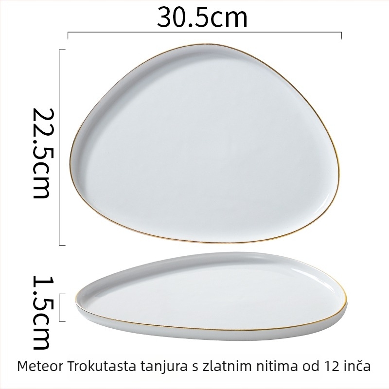 Porcelanski trokutasti tanjur za steak, nordijski stil, zlatni rub, keramički tanjur posebnog oblika