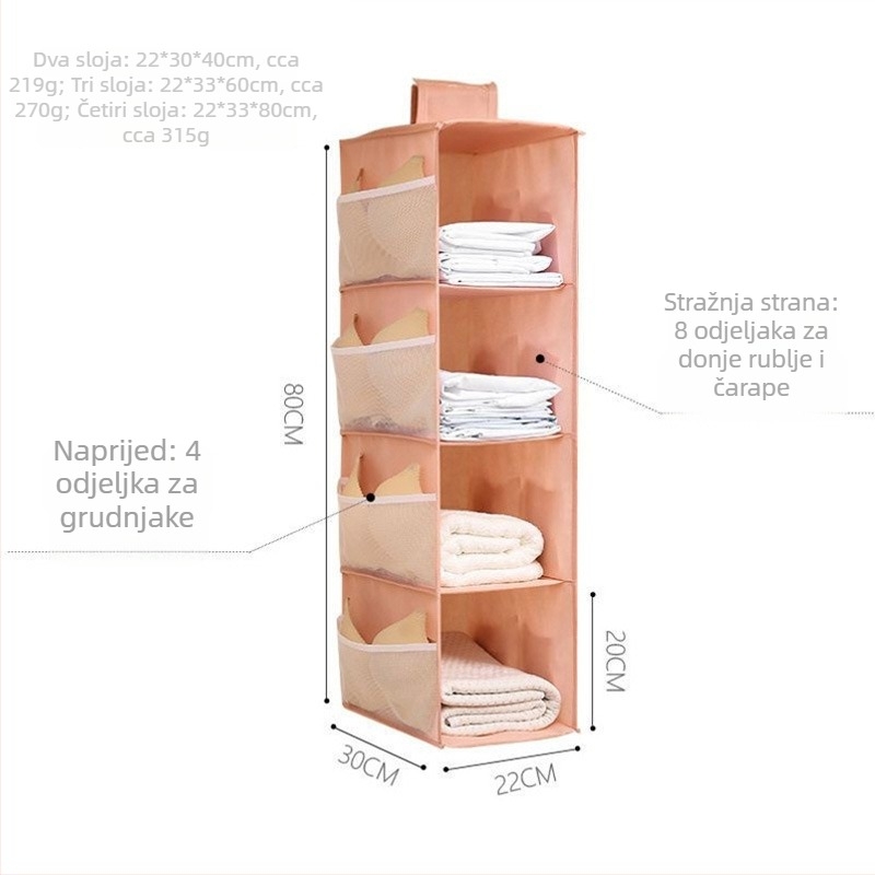 Dvostrani viseći organizator za odjeću — višenamjenski organizator od netkanog materijala, za donje rublje, čarape i grudnjake