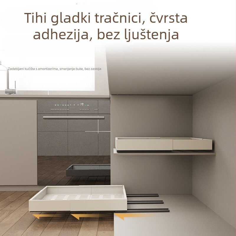 Četverostranični teleskopski koš za kuhinju u dubokom ormariću ispod sudopera – jednostupanjski izvučni držač za pohranu, metalni materijal, japanski stil, ugradnja vijcima