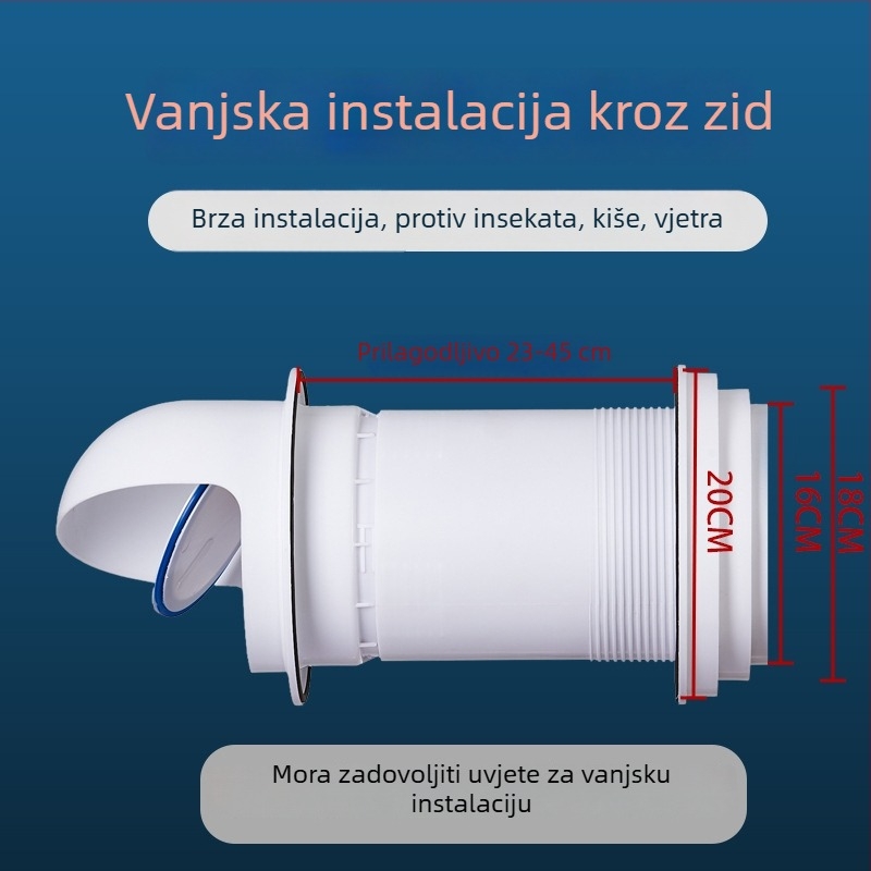 Kuhinjski ventil za provjeru protoka – kroz zid, PP plastika, moderan minimalistički stil, otporan na vjetar, kišu i ptice
