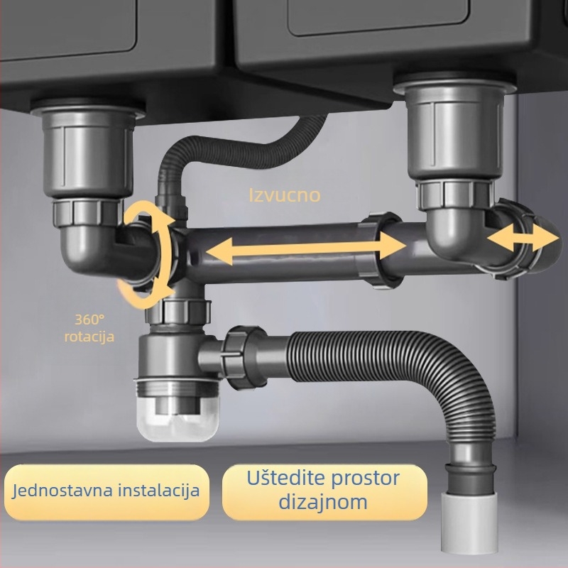 Cijev za odvod kuhinje AFL-8104 s protivtokom, nehrđajući čelik, dvostruki utor, izvučna