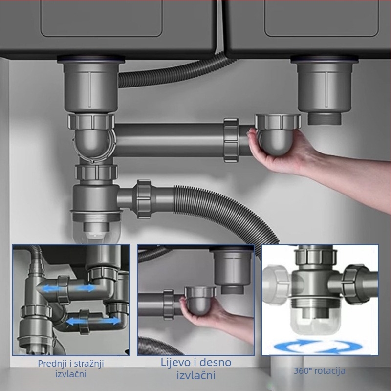 Cijev za odvod kuhinje AFL-8104 s protivtokom, nehrđajući čelik, dvostruki utor, izvučna
