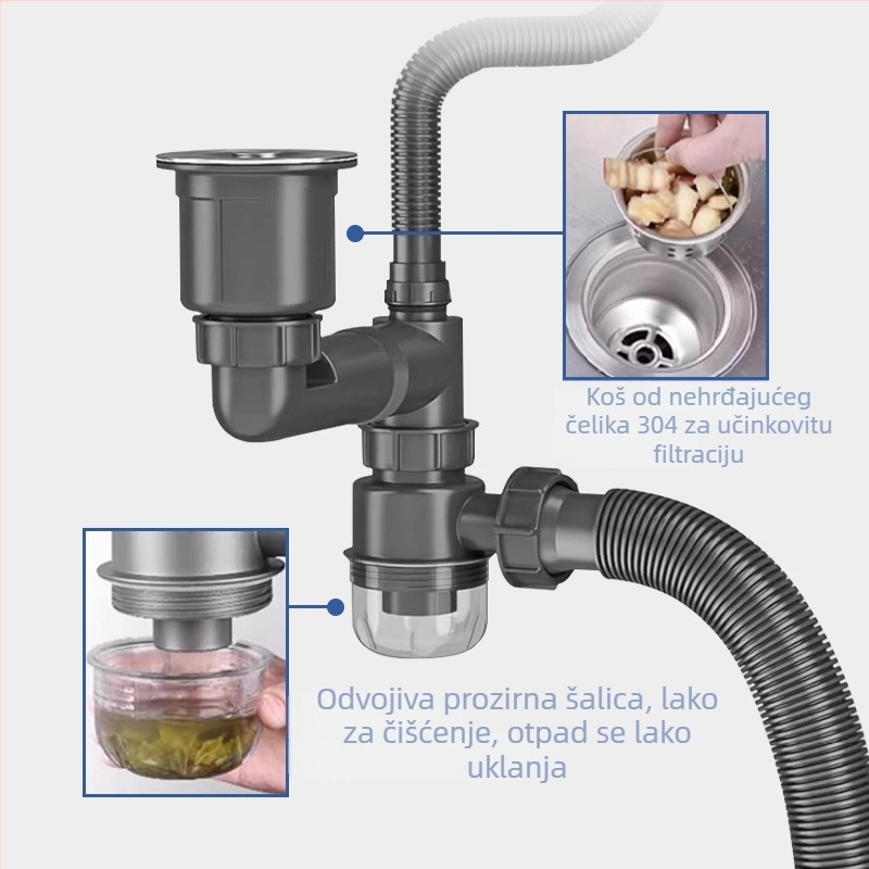 Cijev za odvod kuhinje AFL-8104 s protivtokom, nehrđajući čelik, dvostruki utor, izvučna