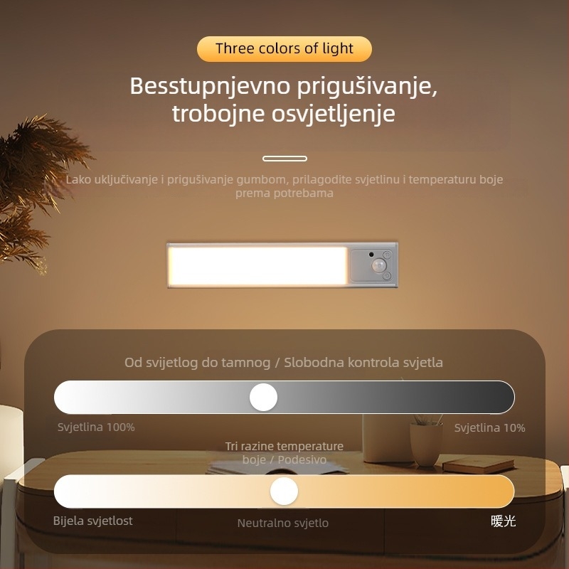Svjetlo za ormar sa senzorom pokreta, USB punjenje, bežično magnetsko pričvršćivanje, noćna svjetiljka s tri boje