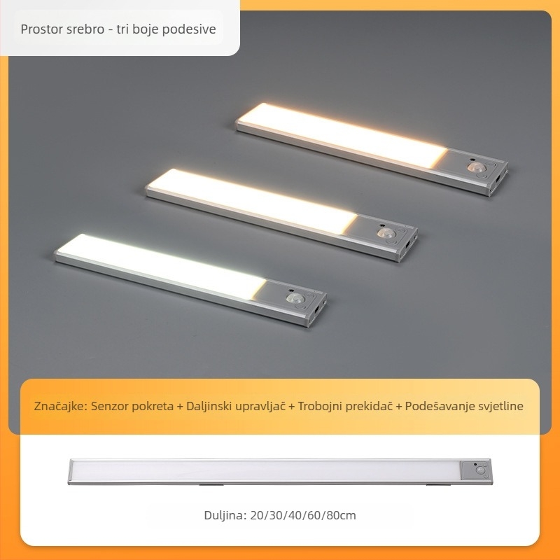 Svjetlo za ormar sa senzorom pokreta, USB punjenje, bežično magnetsko pričvršćivanje, noćna svjetiljka s tri boje