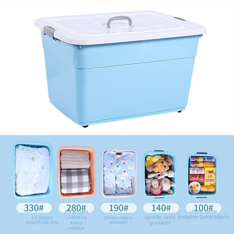 Plastična kutija za skladištenje velikog kapaciteta za dom i studentski dom, organizator za odjeću i igračke; PP plastika; 200–250 L; s kotačićima i ručkom za nošenje; vodootporna i otporna na prašinu