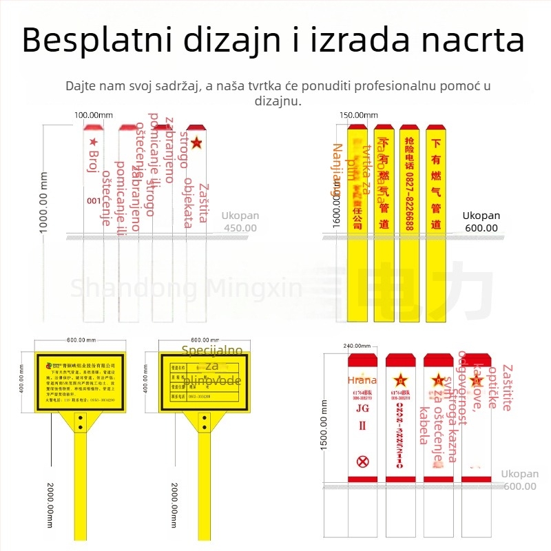 FRP stupovi za upozorenje na plinovodima i naftovodima; PVC marker stupovi za opskrbu vodom; cementni stupovi za elektro i komunikacije; reflektirajući film klase II; sitotisak; oblici kvadratni, kružni, trokutasti; prilagodljivi