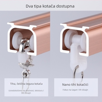 Morant aluminijska zavjesna tračnica – dvostruka tračnica, gornja montaža, tip kuka, teleskopski klizni mehanizam, moderan minimalistički stil