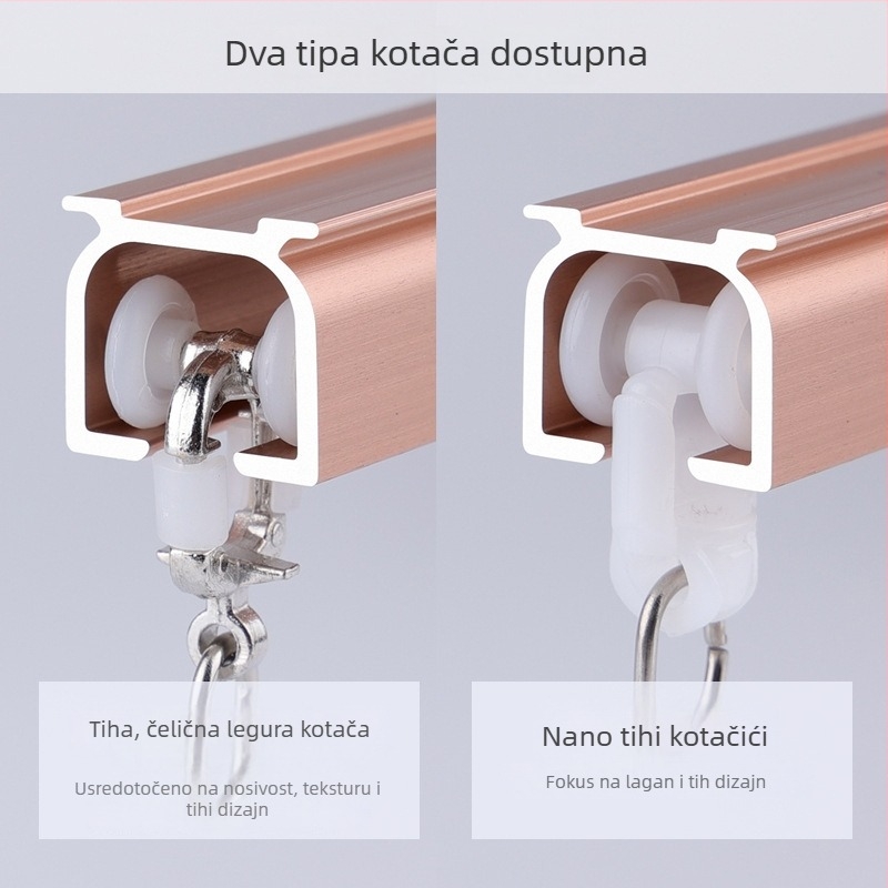 Morant aluminijska zavjesna tračnica – dvostruka tračnica, gornja montaža, tip kuka, teleskopski klizni mehanizam, moderan minimalistički stil