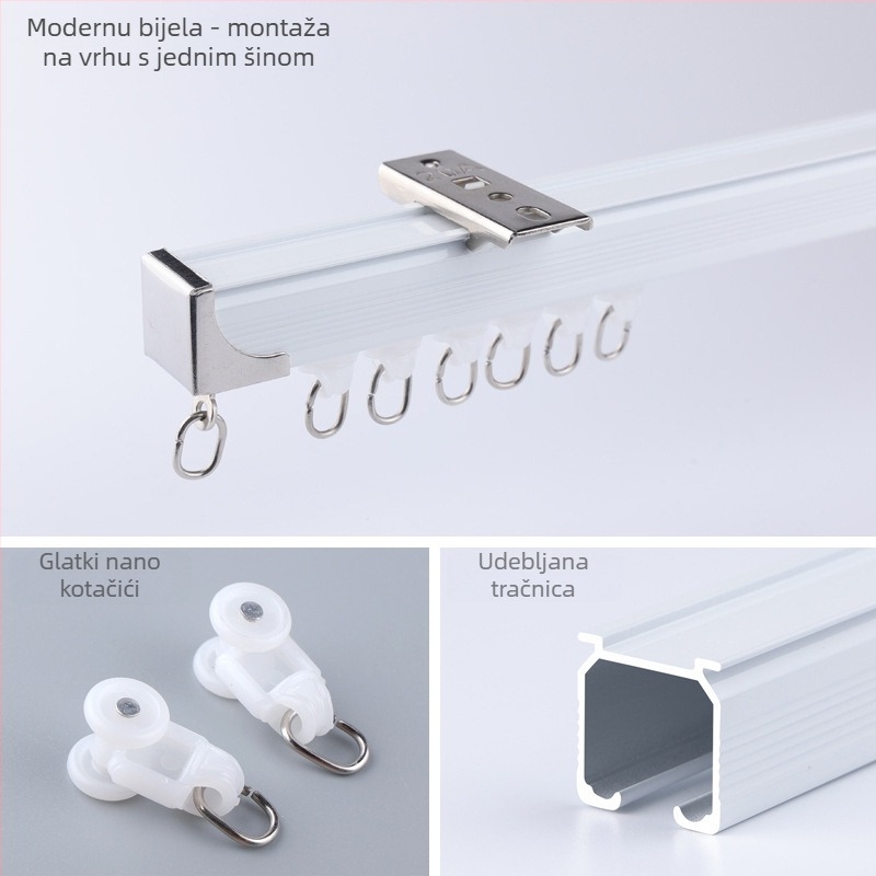 Morant aluminijska zavjesna tračnica – dvostruka tračnica, gornja montaža, tip kuka, teleskopski klizni mehanizam, moderan minimalistički stil