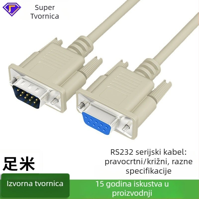DB9 serijski kabel RS-232, COM sučelje, muški–ženski priključak, vodnik od bakarno oklopljenog čelika
