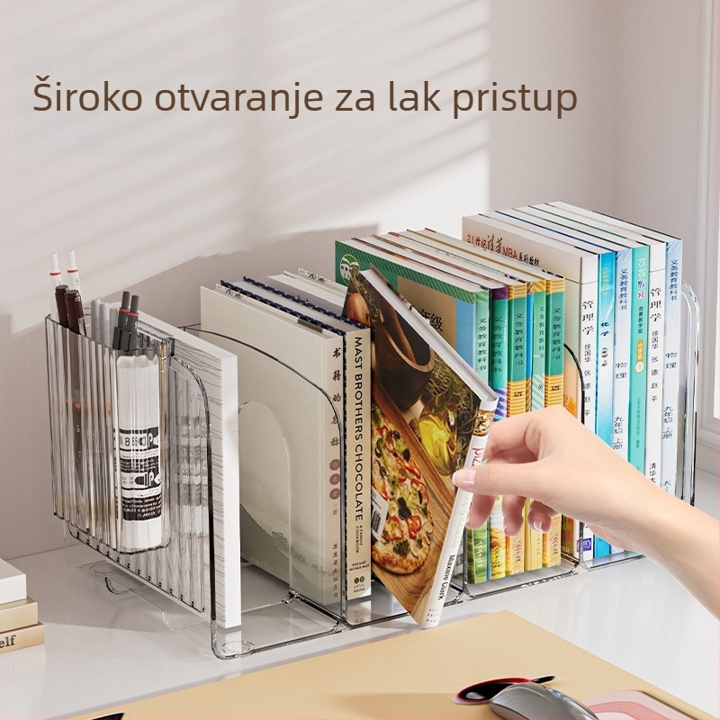 Prozirni PET stolni organizator s podijeljenim pretincima, držačem za olovke i stojakom za knjige