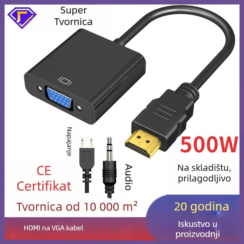 HDMI na VGA adapter s zvukom i napajanjem, 16 cm bakreni kabel s pozlaćenim premazom