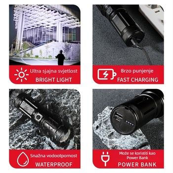 Ručna LED svjetiljka visoke snage, 15W, 1500lm, domet 1000m, baterija 3x18650, IPX4