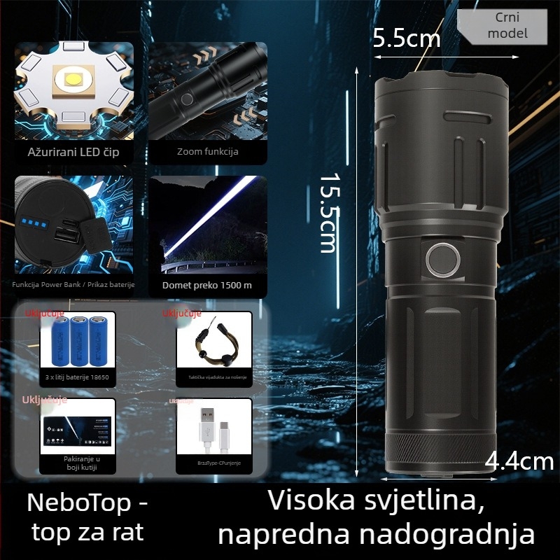 Ručna LED svjetiljka visoke snage, 15W, 1500lm, domet 1000m, baterija 3x18650, IPX4