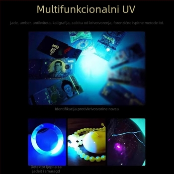 UV fluorescencijska detekcijska svjetiljka za banknote, nakit i jadeit – ultraljubičasto i plavo svjetlo, LED, napajanje punjivo, domet do 50 m, svjetlina ispod 100 lm
