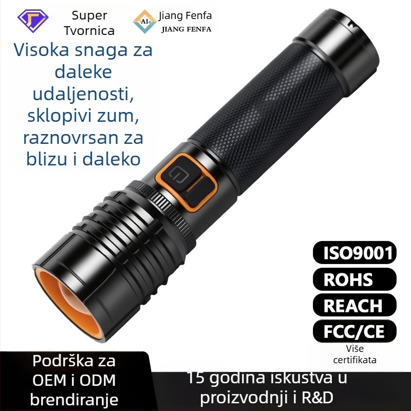 LED svjetiljka s kućištem od aluminijske legure, zumiranje, punjiva, domet 200–500 m