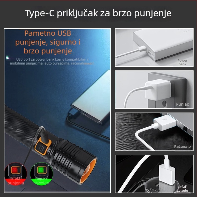 LED svjetiljka s kućištem od aluminijske legure, zumiranje, punjiva, domet 200–500 m