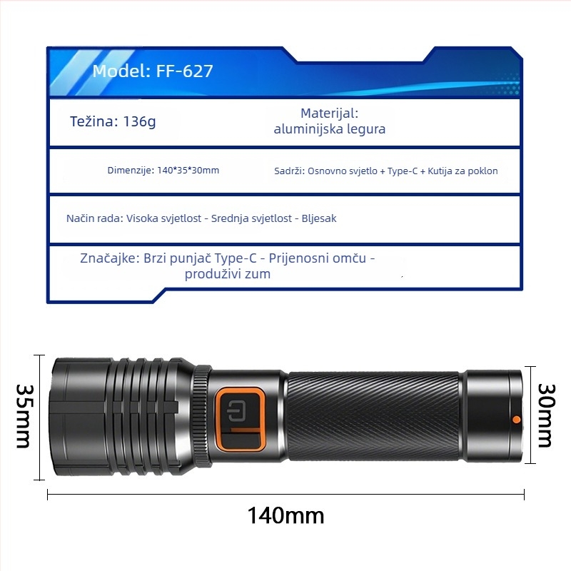 LED svjetiljka s kućištem od aluminijske legure, zumiranje, punjiva, domet 200–500 m