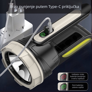Ručni LED reflektor dugog dometa, USB punjenje, 1800mAh, ABS kućište, domet 200–500 m