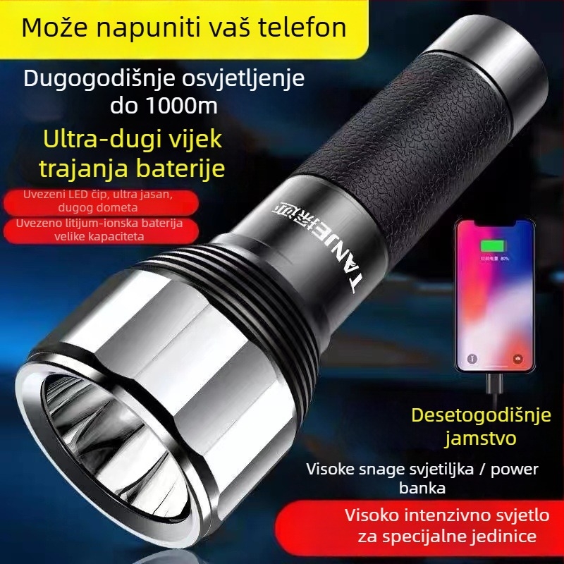 LED baterijska svjetiljka s 4200mAh punjivom bankom energije, ručno generiranje napajanja, 10W, aluminijski legura, za kampiranje i vanjske aktivnosti