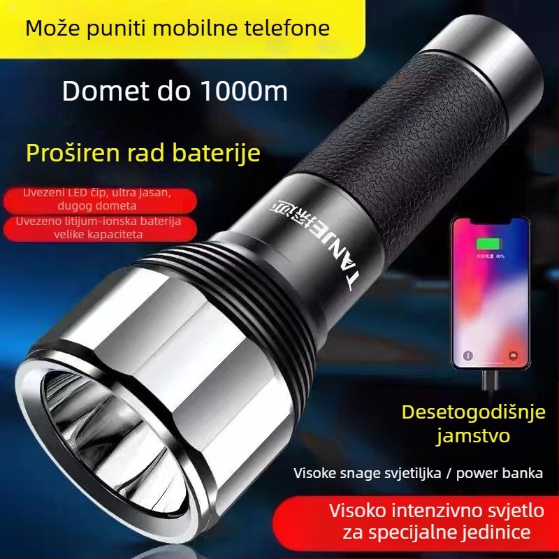 LED baterijska svjetiljka s 4200mAh punjivom bankom energije, ručno generiranje napajanja, 10W, aluminijski legura, za kampiranje i vanjske aktivnosti