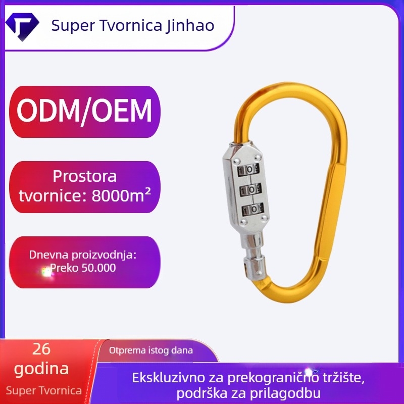 Mehanička brava s troznamenkastim kodom i karabinerom, model HE02; materijal: aluminij–cinkova smjesa; debljina zaključavajuće šipke 6; razmak zaključavajuće šipke 64 × 24