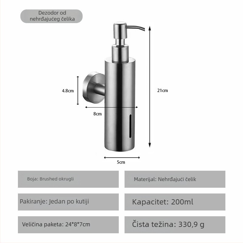 Dispenser za sapun od nehrđajućeg čelika, zidni držač, ručno pritiskanje, polirani završetak, moderan minimalistički stil
