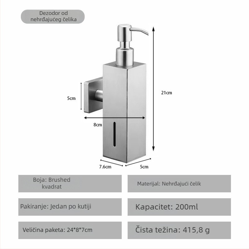 Dispenser za sapun od nehrđajućeg čelika, zidni držač, ručno pritiskanje, polirani završetak, moderan minimalistički stil