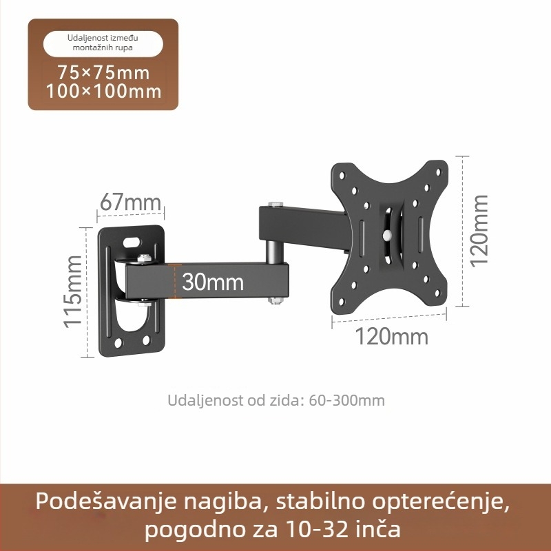 Zidni držač za TV/LCD monitor, rotirajući i izvučni, model Wmx012, nosivost 11–15 kg, materijal: željezo