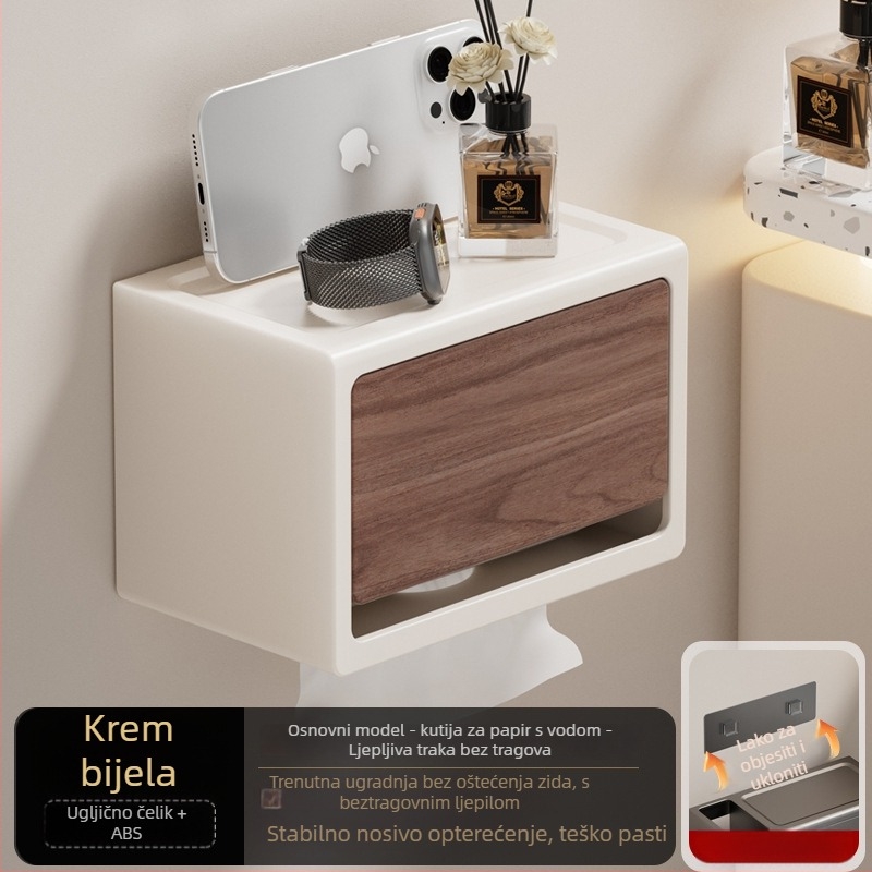 Držač za papir za zid bez bušenja s poklopcem, uzorak orahova drveta, vodootporan, kvadratnog oblika, materijal: karbonsko čelika + ABS