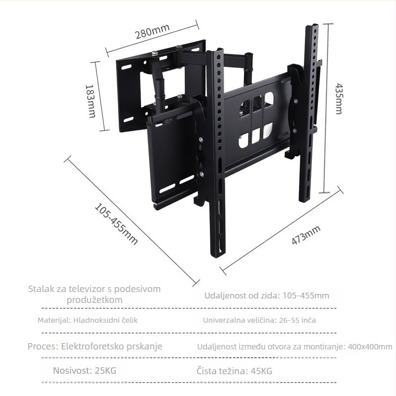 Teleskopni okretni zidni nosač za TV/LCD, metalni okvir, mehaničko upravljanje, nosivost 15 kg+