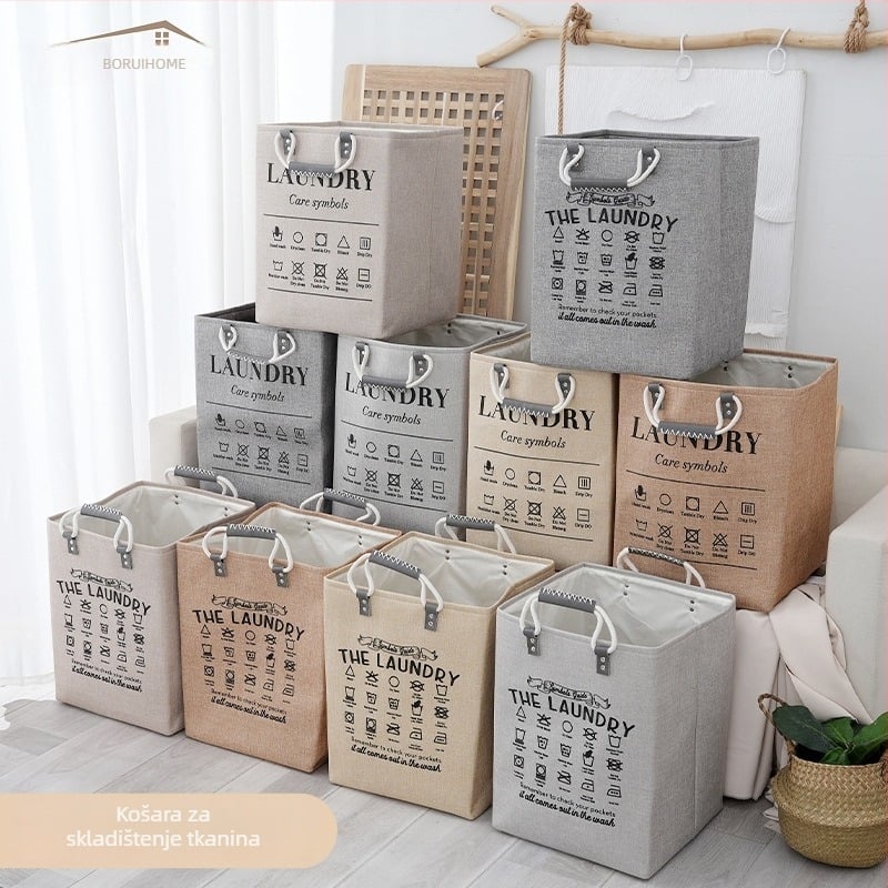 Košara za skladištenje od lana s ručkama od pamukovog užeta - model Cotton rope portable linen storage basket-01, moderan minimalistički stil, za odjeću, kozmetiku, knjige i kablove