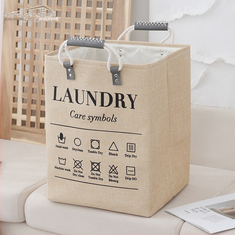Košara za skladištenje od lana s ručkama od pamukovog užeta - model Cotton rope portable linen storage basket-01, moderan minimalistički stil, za odjeću, kozmetiku, knjige i kablove