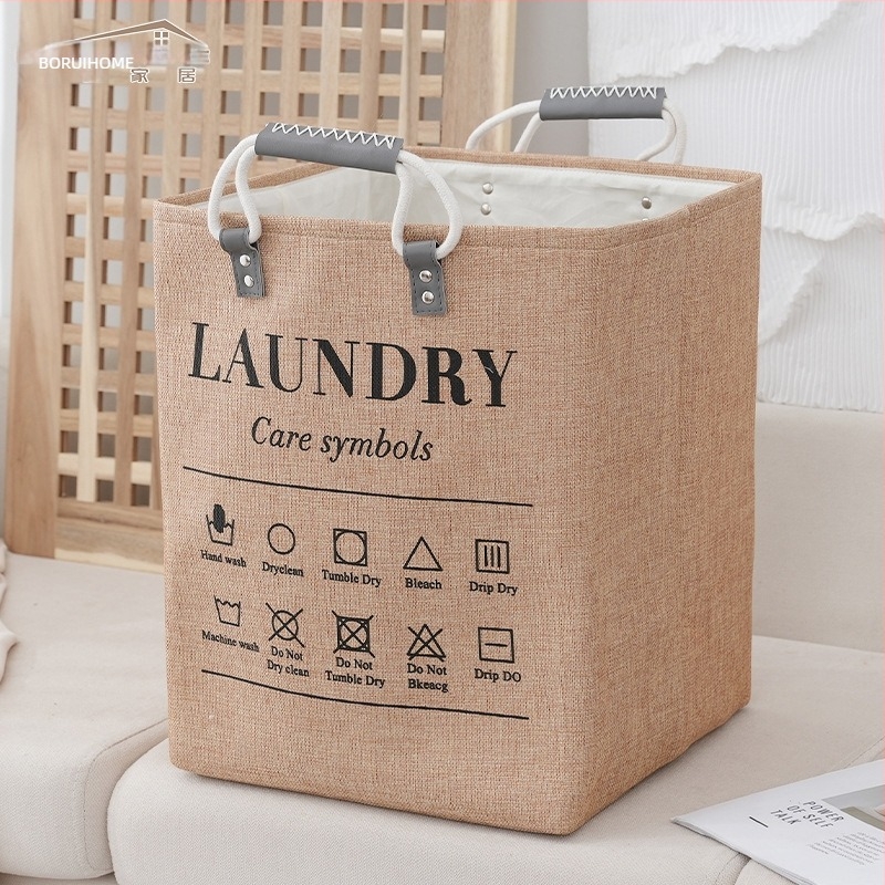 Košara za skladištenje od lana s ručkama od pamukovog užeta - model Cotton rope portable linen storage basket-01, moderan minimalistički stil, za odjeću, kozmetiku, knjige i kablove