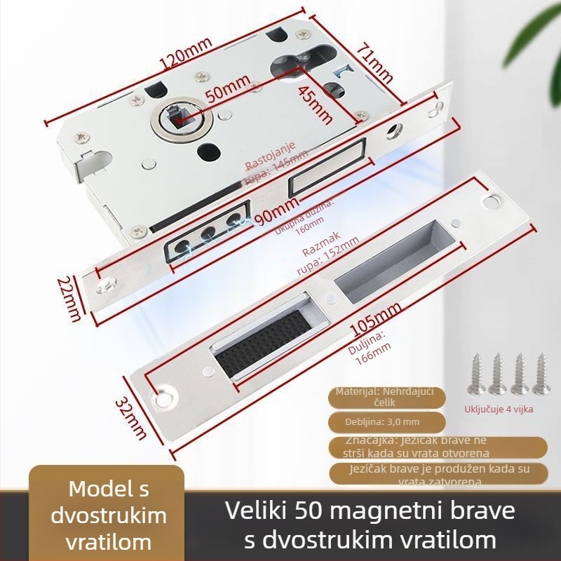 Tijelo brave za drvena vrata, nehrđajući čelik, magnetski tih mehanizam, model CXST-001, težina 200–400 g