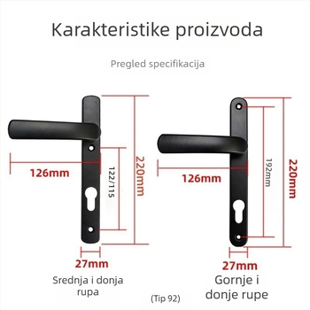 Drška za balkonska vrata s bravom, aluminijska legura, model Plastic-Steel, tip 85/92, jednotočkovno zaključavanje, za staklena vrata spavaće sobe/balkona