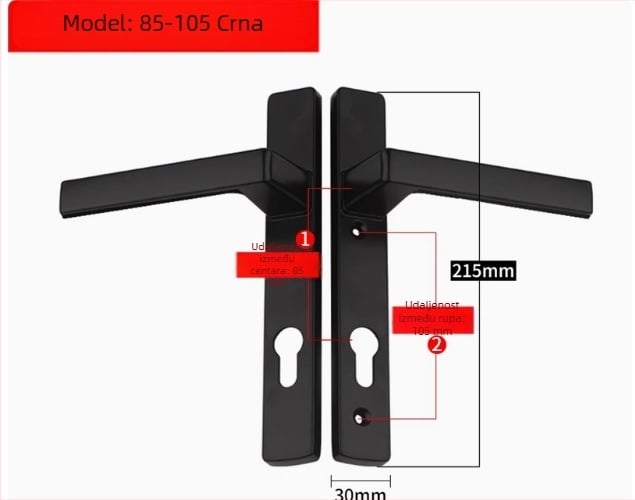 Drška za balkonska vrata s bravom, aluminijska legura, model Plastic-Steel, tip 85/92, jednotočkovno zaključavanje, za staklena vrata spavaće sobe/balkona