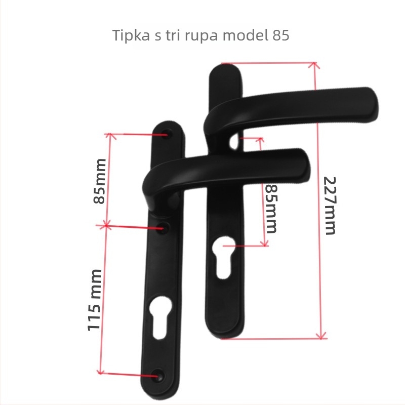 Drška za balkonska vrata s bravom, aluminijska legura, model Plastic-Steel, tip 85/92, jednotočkovno zaključavanje, za staklena vrata spavaće sobe/balkona