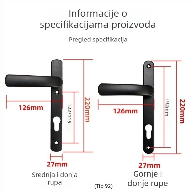 Drška za balkonska vrata s bravom, aluminijska legura, model Plastic-Steel, tip 85/92, jednotočkovno zaključavanje, za staklena vrata spavaće sobe/balkona