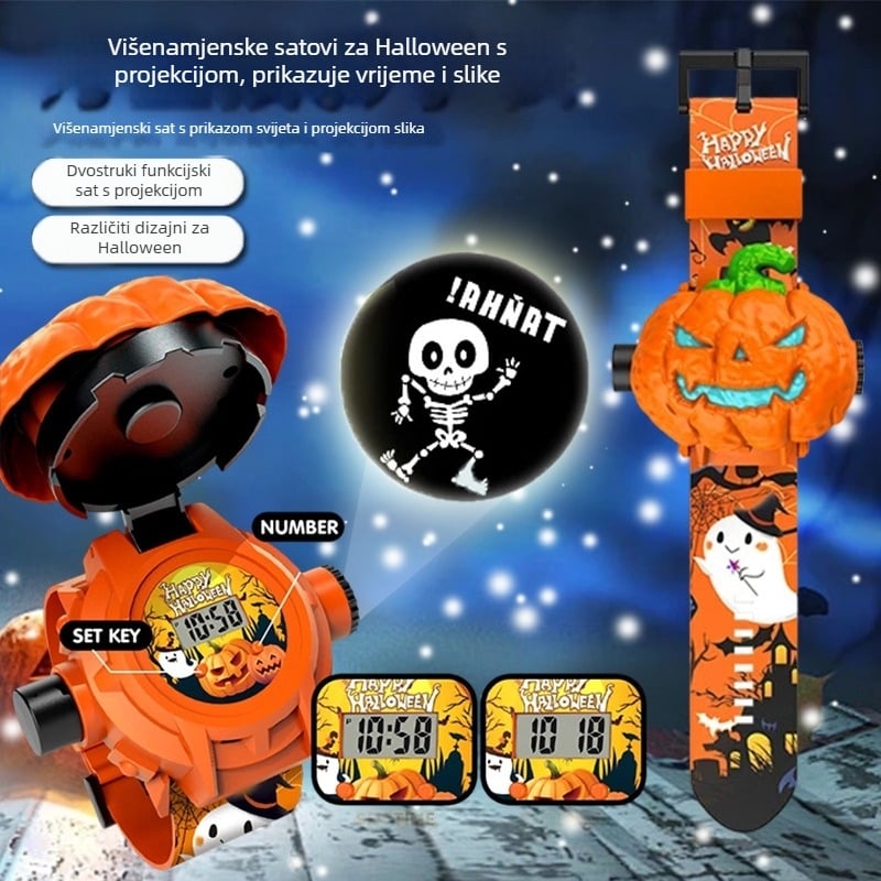LED svijetleći dječji sat-igra s projekcijom vremena, motiv Halloween bundeva, 4–6 godina, plastika