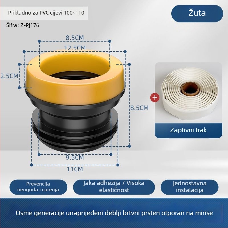 Toaletni flanšni tesni prsten – debeli gumeni prsten, protiv mirisa, integrirani silikon, snažna ljepiljiva traka, ručna izrada