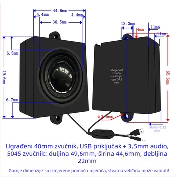 USB napajani računarski zvučnik, 4 Ω, 3 W, frekvencijski raspon 10–25000 Hz, 5V USB napajanje