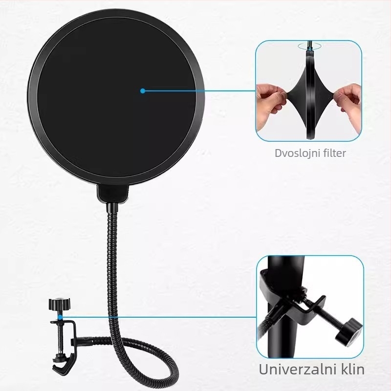 J.I.Y PC-01 Mikrofonski pop filter s dvostrukim filtrom, otporan na vjetar, profesionalni dizajn