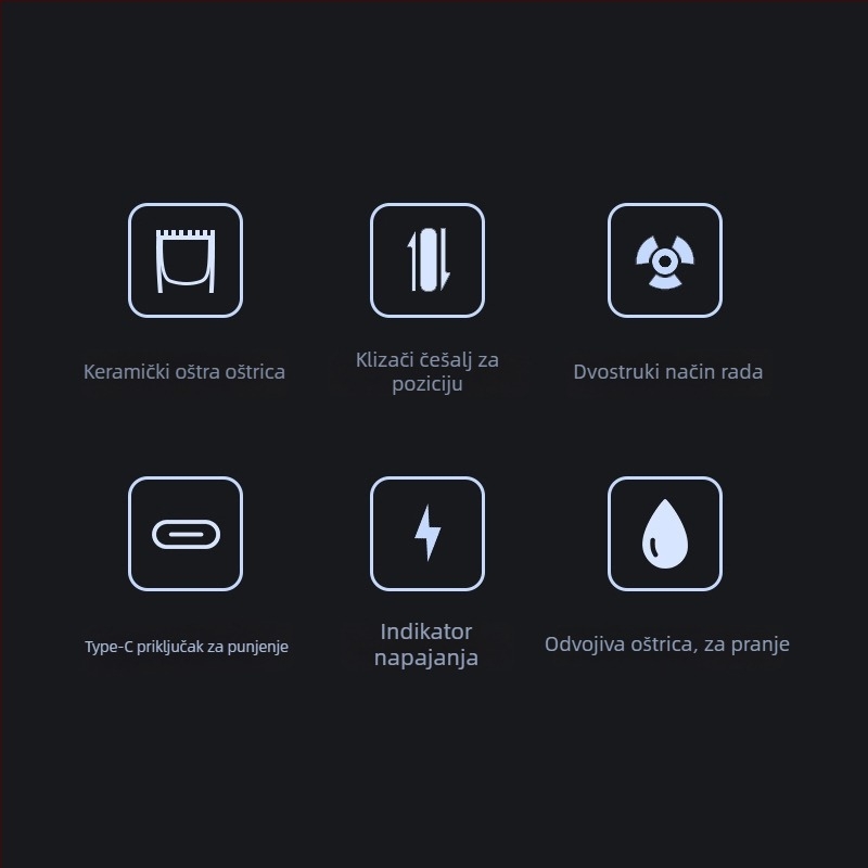 Bežični uređaj za šišanje kose s ugrađenom baterijom 1000-1200 mAh, motor s četkicom, oštrica od titanijskog legura, trajanje baterije 1-3 sata